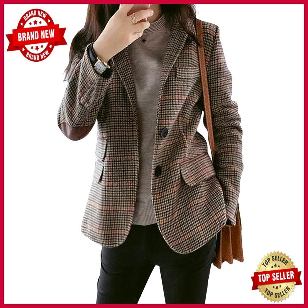 Slim Fit Tweed Blazer Long Sleeve Notch Collar Business Office Jacket